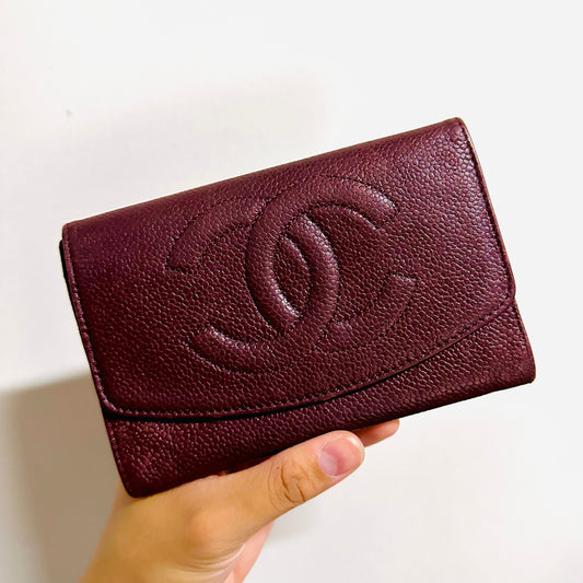 Chanel Maroon Red GHW Caviar Giant CC Logo Vintage Flap Compact Wallet 4s