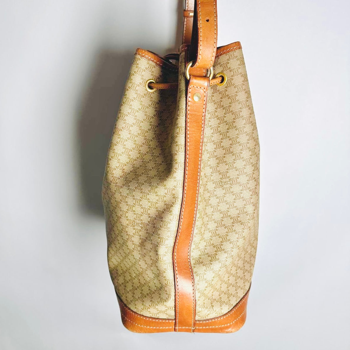 Celine Beige GHW Triomphe Macadam Monogram Logo Vintage Drawstring Bucket Shoulder Sling Bag