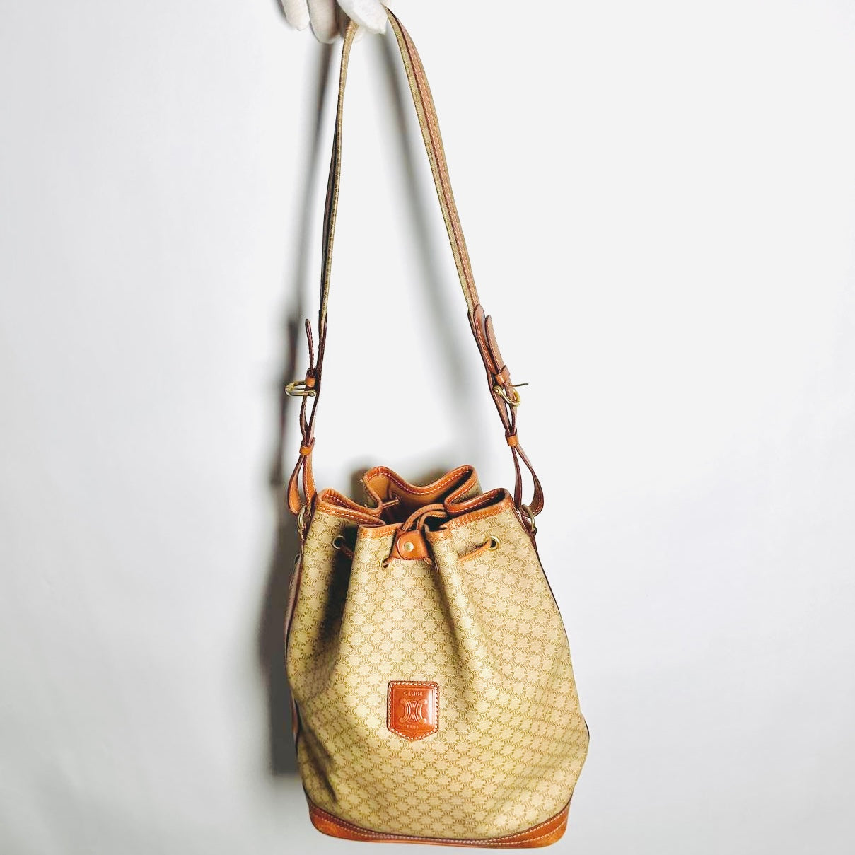 Celine Beige GHW Triomphe Macadam Monogram Logo Vintage Drawstring Bucket Shoulder Sling Bag