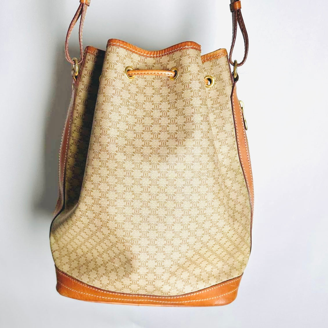 Celine Beige GHW Triomphe Macadam Monogram Logo Vintage Drawstring Bucket Shoulder Sling Bag