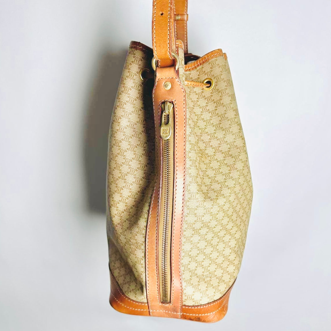 Celine Beige GHW Triomphe Macadam Monogram Logo Vintage Drawstring Bucket Shoulder Sling Bag