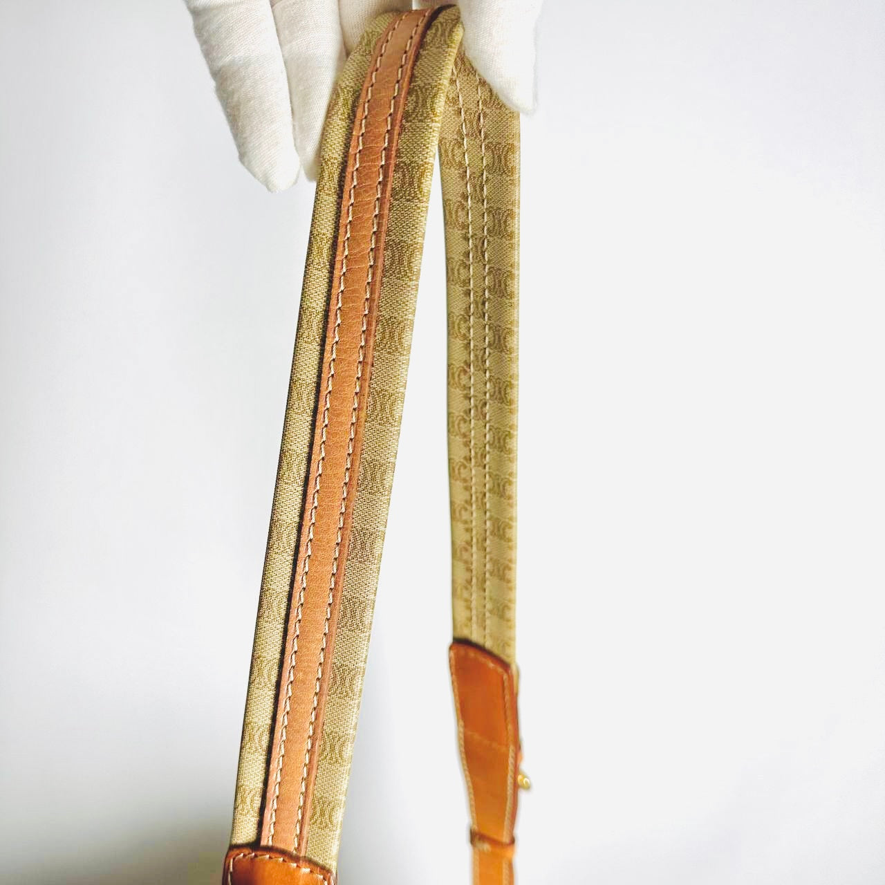 Celine Beige GHW Triomphe Macadam Monogram Logo Vintage Drawstring Bucket Shoulder Sling Bag