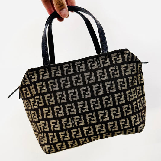 Fendi Dark Brown Zucca FF Monogram Logo Mini Bucket Dumpling Zip Tote Bag