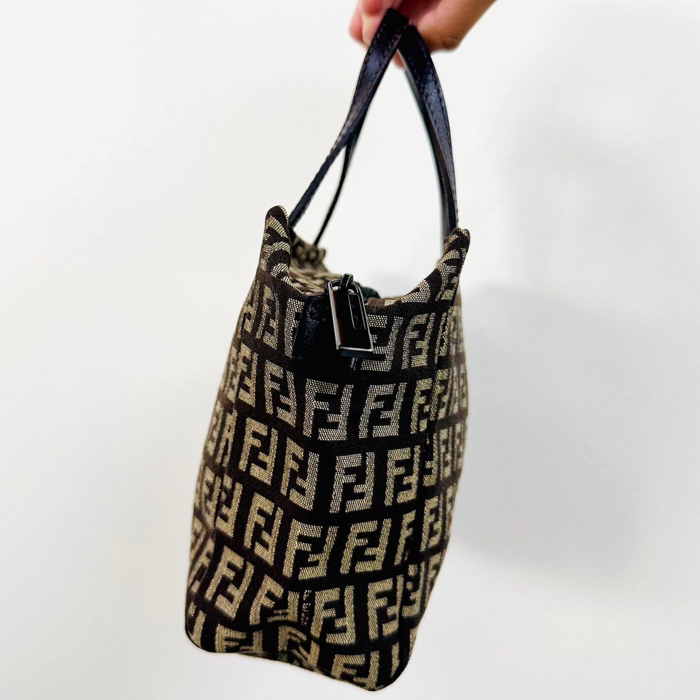 Fendi Dark Brown Zucca FF Monogram Logo Mini Bucket Dumpling Zip Tote Bag