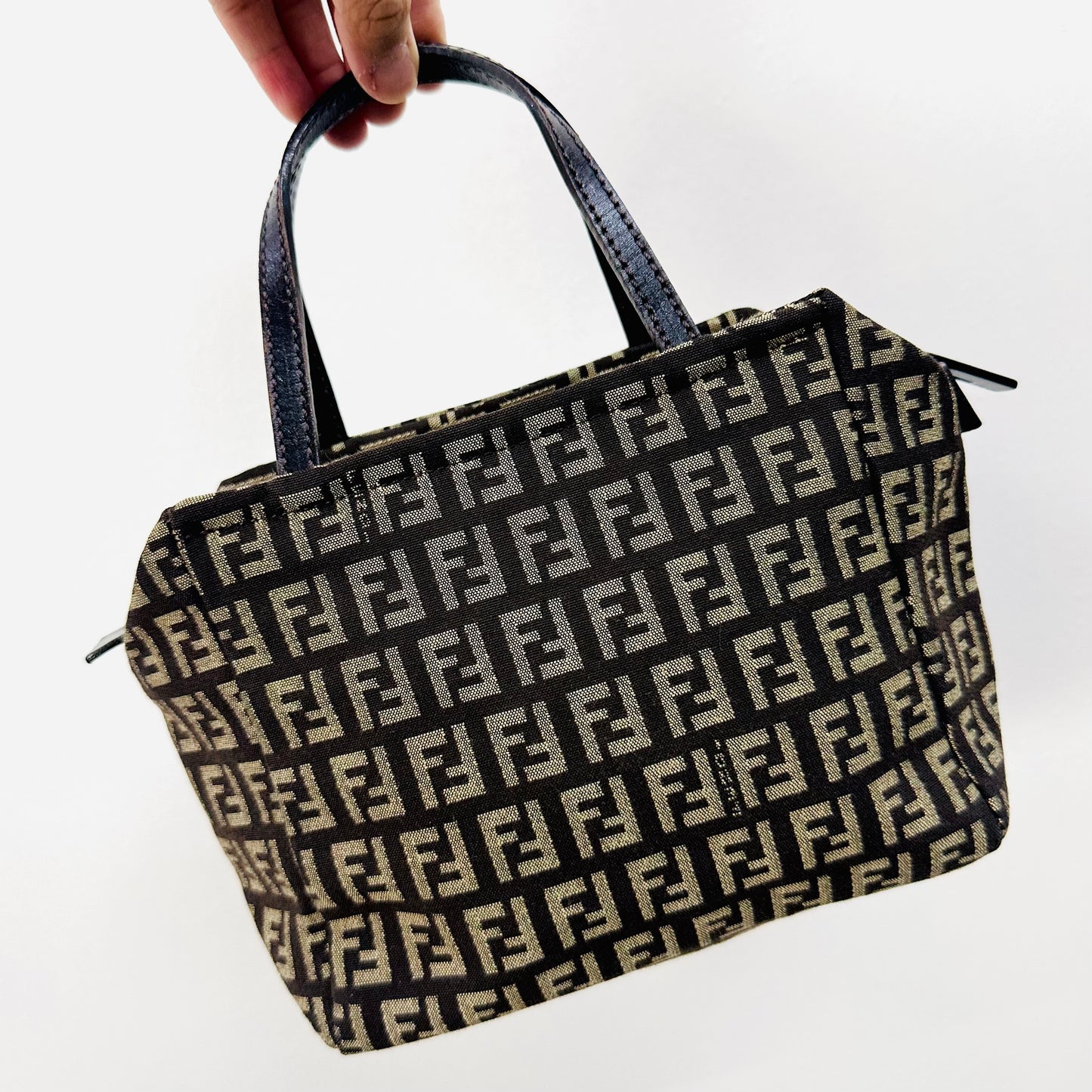 Fendi Dark Brown Zucca FF Monogram Logo Mini Bucket Dumpling Zip Tote Bag