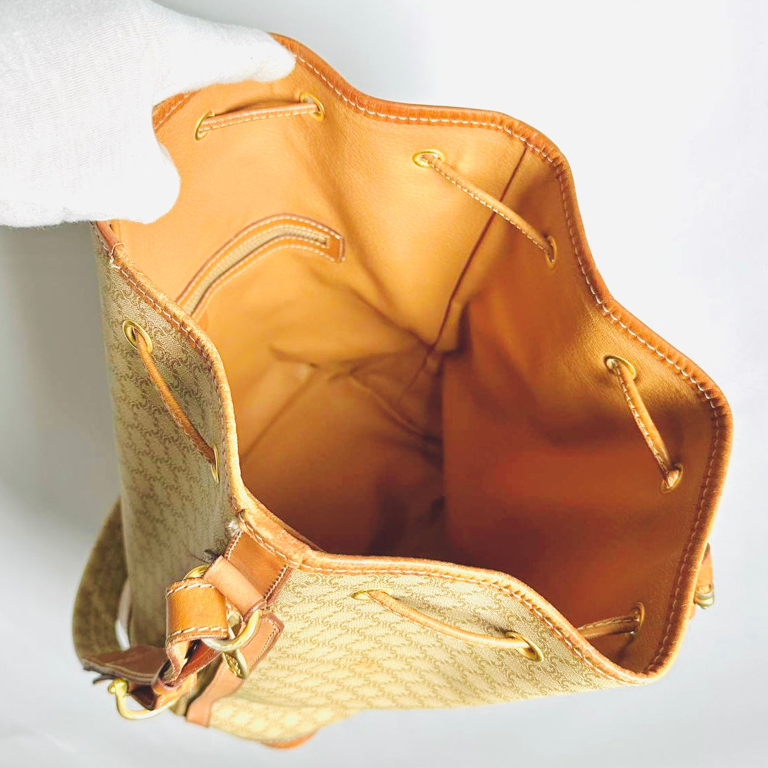Celine Beige GHW Triomphe Macadam Monogram Logo Vintage Drawstring Bucket Shoulder Sling Bag