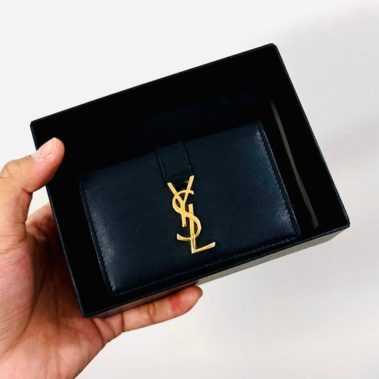 YSL Yves Saint Laurent Black GHW Line Origami Trifold Tiny Compact Flap Wallet Calfskin Leather