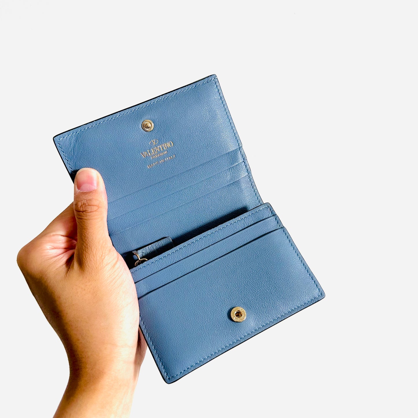 Valentino Garavani Blue GHW Monogram Logo Rockstud Studs Flap Bifold Compact Wallet