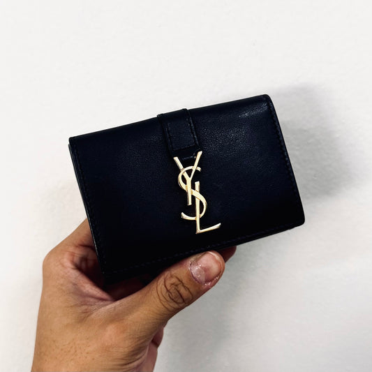 YSL Yves Saint Laurent Black GHW Line Origami Trifold Tiny Compact Flap Wallet Calfskin Leather