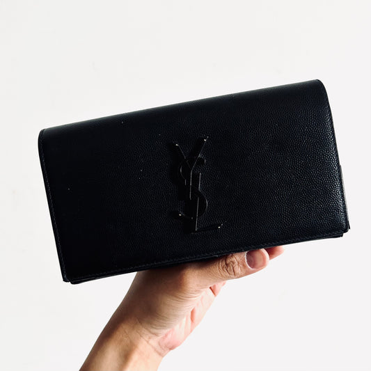 Yves Saint Laurent YSL So Black BHW Monogram Logo Flap Long Wallet Grain De Poudre Leather