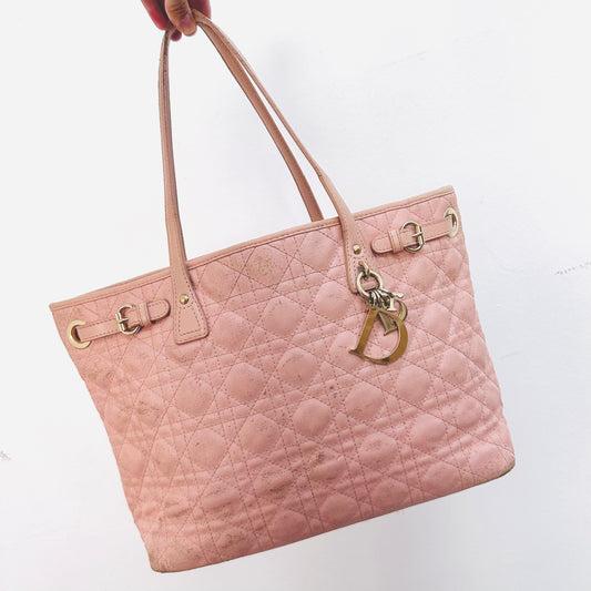 Christian Dior CD Lady Dior Blush Powder Pink GHW Cannage Quilted Shopper Shoulder Tote Bag