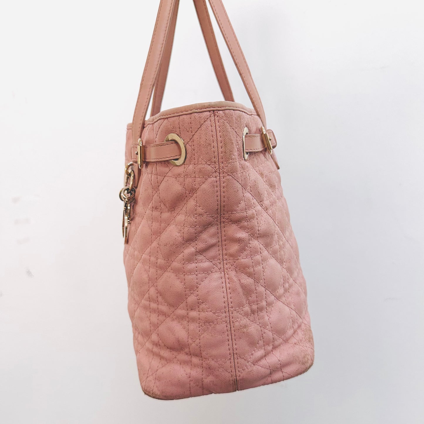 Christian Dior CD Lady Dior Blush Powder Pink GHW Cannage Quilted Shopper Shoulder Tote Bag