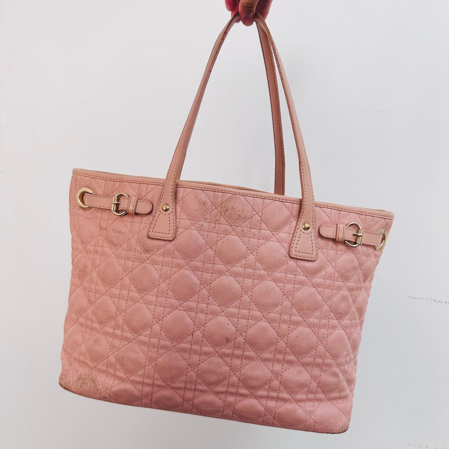 Christian Dior CD Lady Dior Blush Powder Pink GHW Cannage Quilted Shopper Shoulder Tote Bag