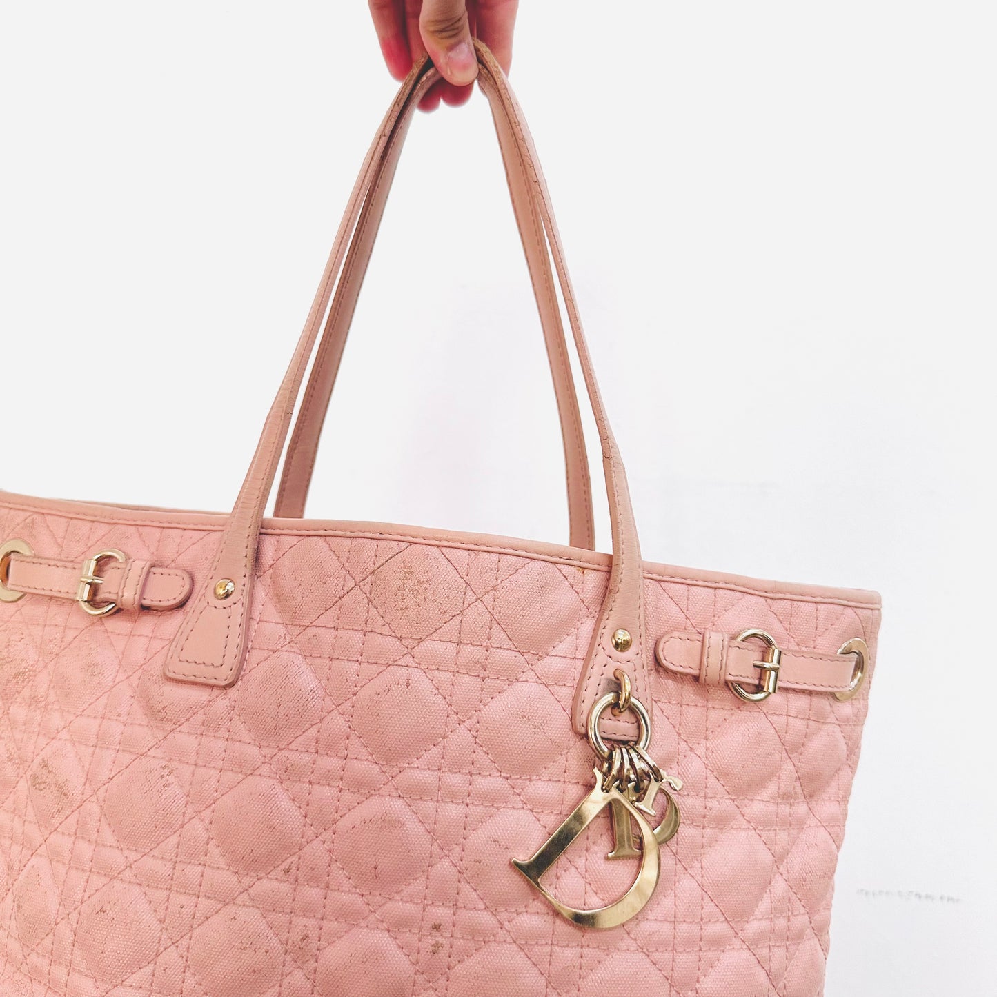 Christian Dior CD Lady Dior Blush Powder Pink GHW Cannage Quilted Shopper Shoulder Tote Bag