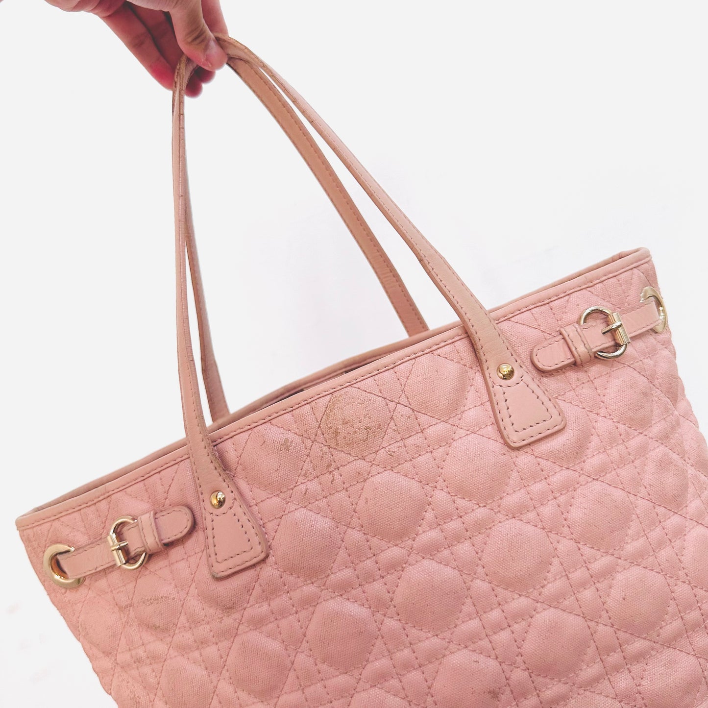 Christian Dior CD Lady Dior Blush Powder Pink GHW Cannage Quilted Shopper Shoulder Tote Bag