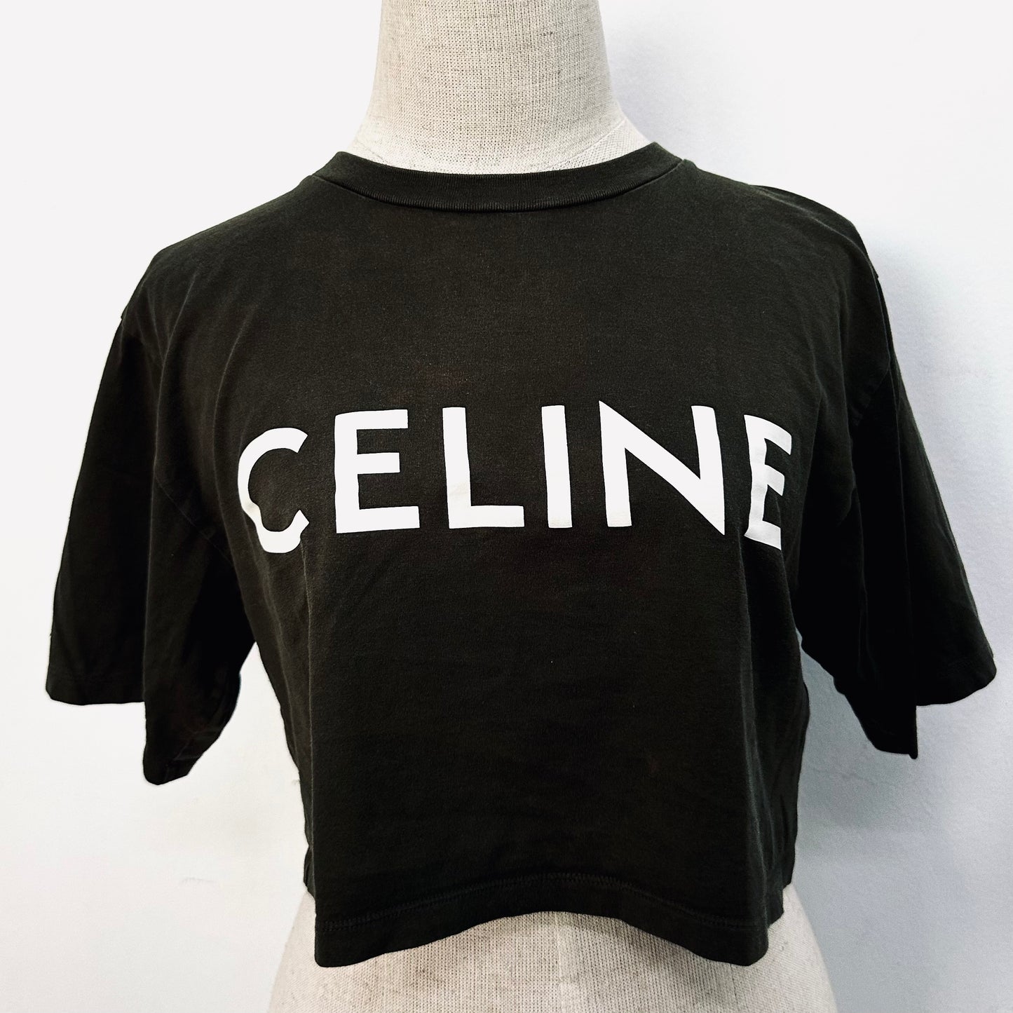 Celine Army Olive Green Giant Monogram Logo Jersey Crop Top T Shirt Tee