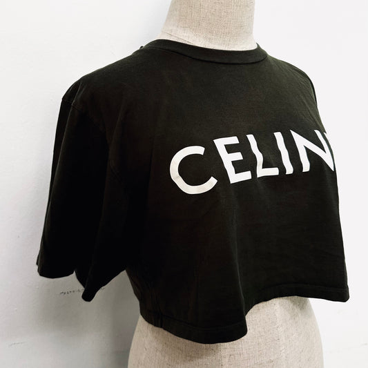 Celine Army Olive Green Giant Monogram Logo Jersey Crop Top T Shirt Tee