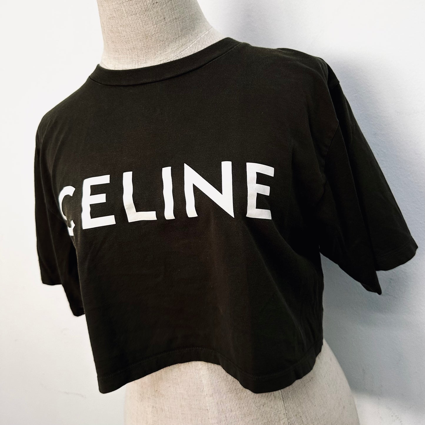 Celine Army Olive Green Giant Monogram Logo Jersey Crop Top T Shirt Tee