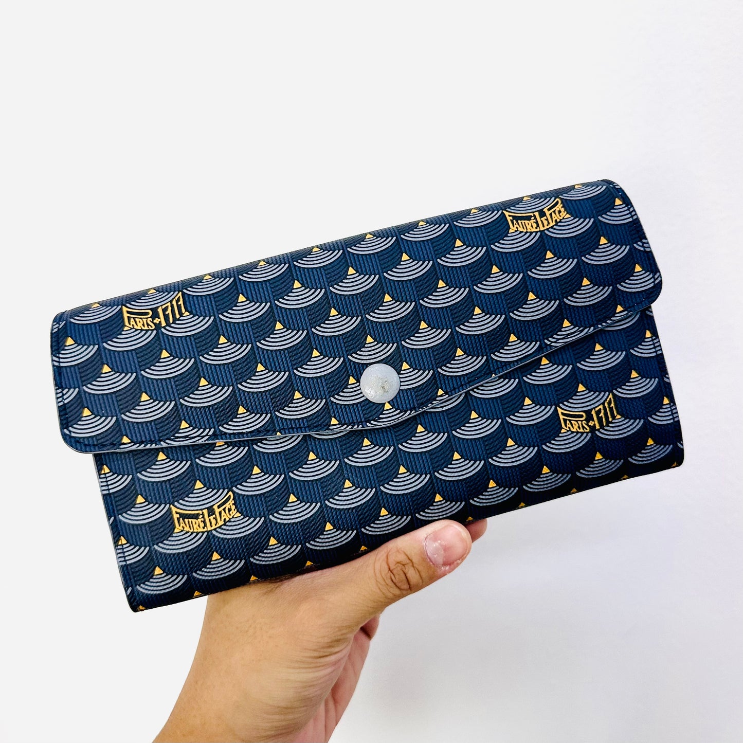 Faure Le Page Navy Blue Monogram Logo Continental Flap Long Wallet