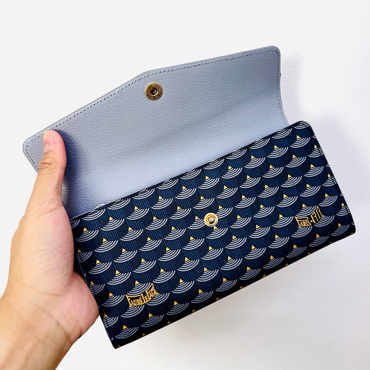 Faure Le Page Navy Blue Monogram Logo Continental Flap Long Wallet