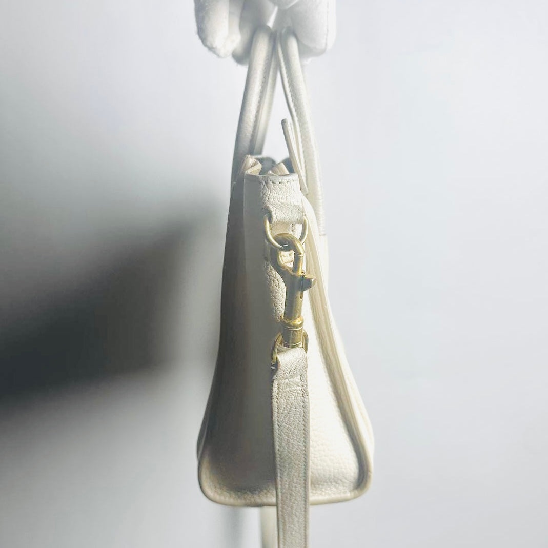 Celine Nano Luggage White GHW Grained Calfskin Monogram Logo 2-Way Top Handle Shoulder Sling Bag
