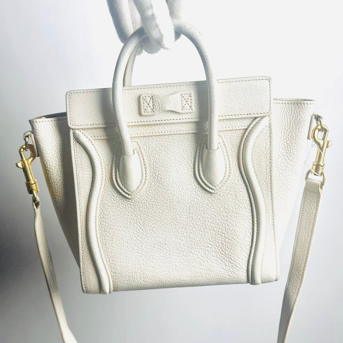 Celine Nano Luggage White GHW Grained Calfskin Monogram Logo 2-Way Top Handle Shoulder Sling Bag