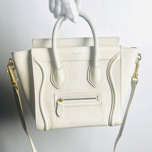 Celine Nano Luggage White GHW Grained Calfskin Monogram Logo 2-Way Top Handle Shoulder Sling Bag