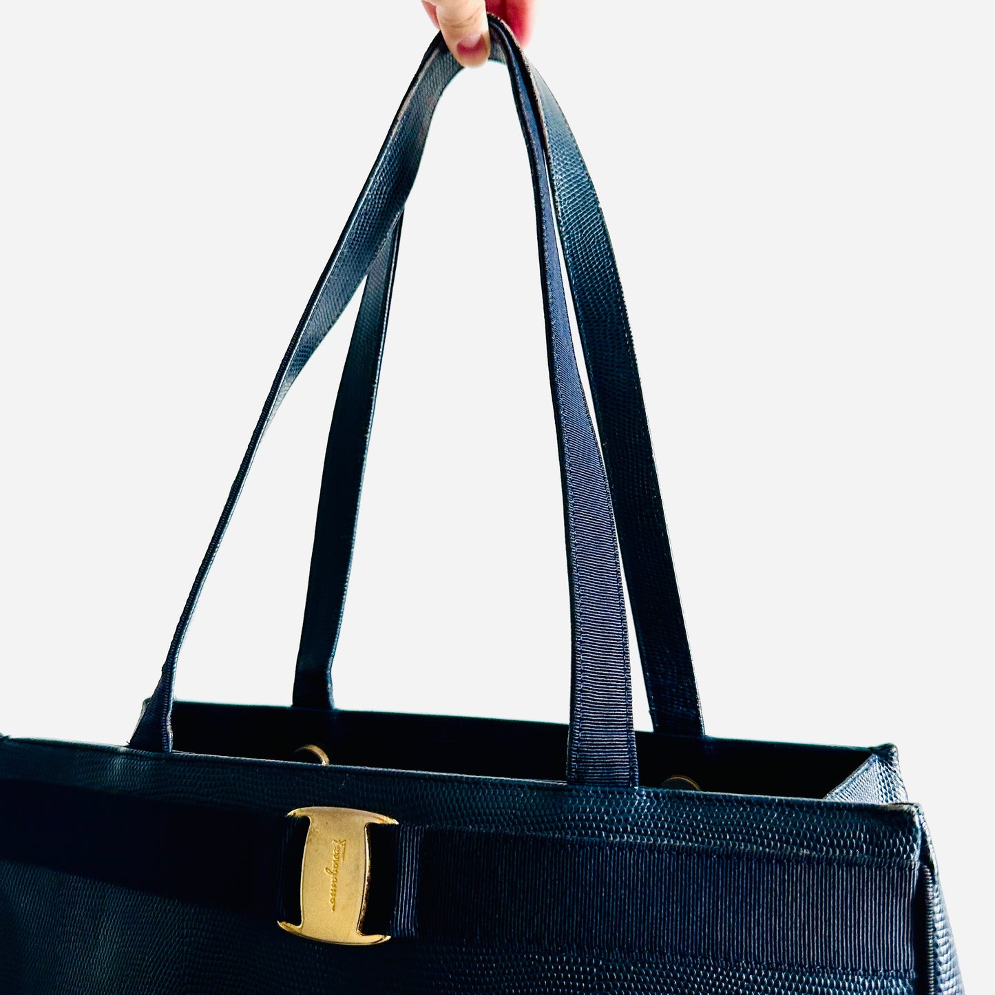 Salvatore Ferragamo Vara Bow Navy Blue GHW Embossed Leather Shopper Shoulder Tote Bag