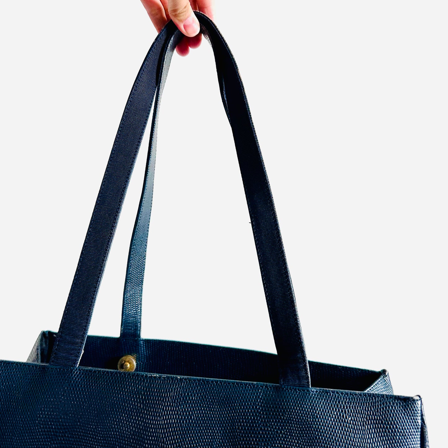 Salvatore Ferragamo Vara Bow Navy Blue GHW Embossed Leather Shopper Shoulder Tote Bag