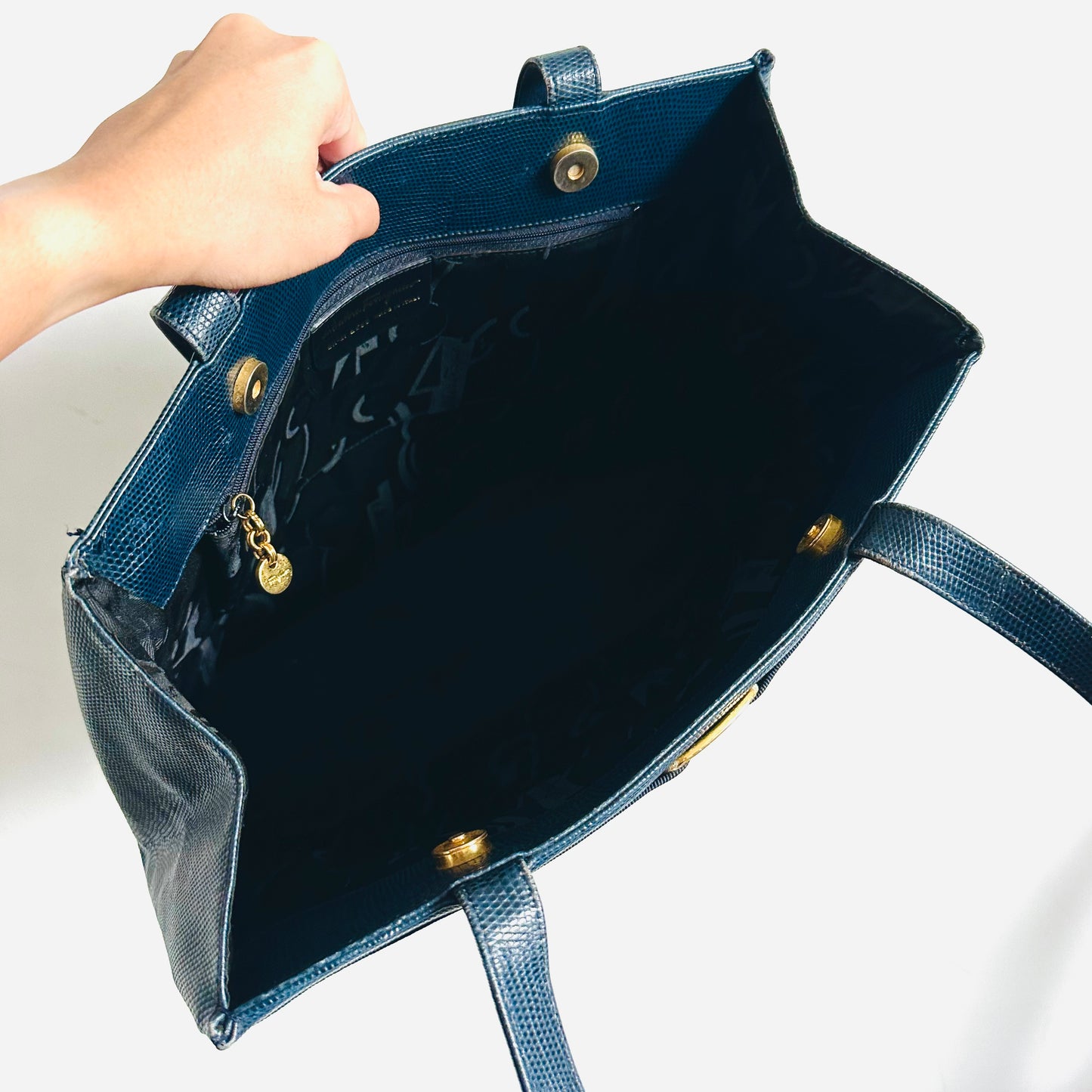 Salvatore Ferragamo Vara Bow Navy Blue GHW Embossed Leather Shopper Shoulder Tote Bag