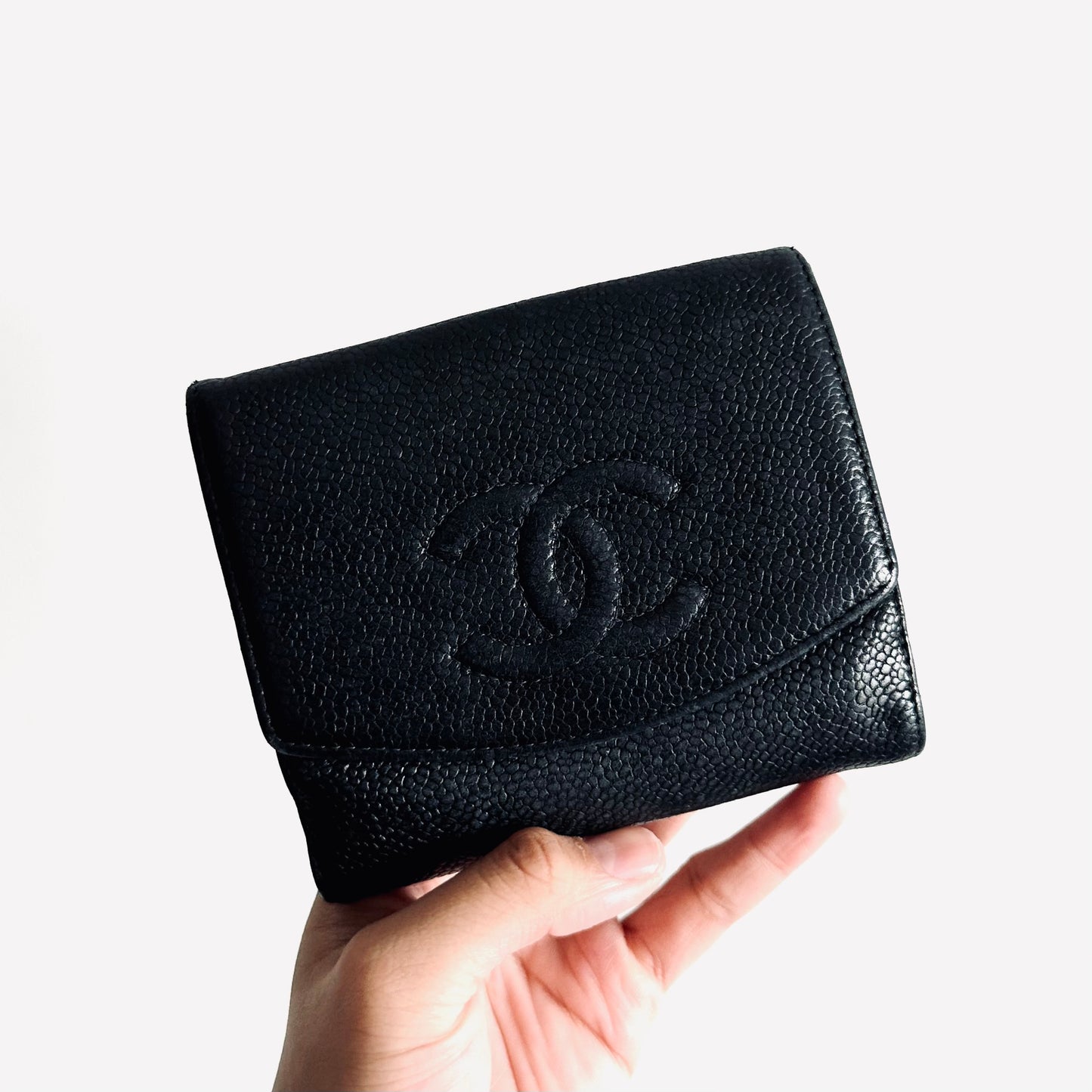 Chanel Black GHW Caviar Leather Giant CC Logo Flap Vintage Bifold Compact Wallet 9s
