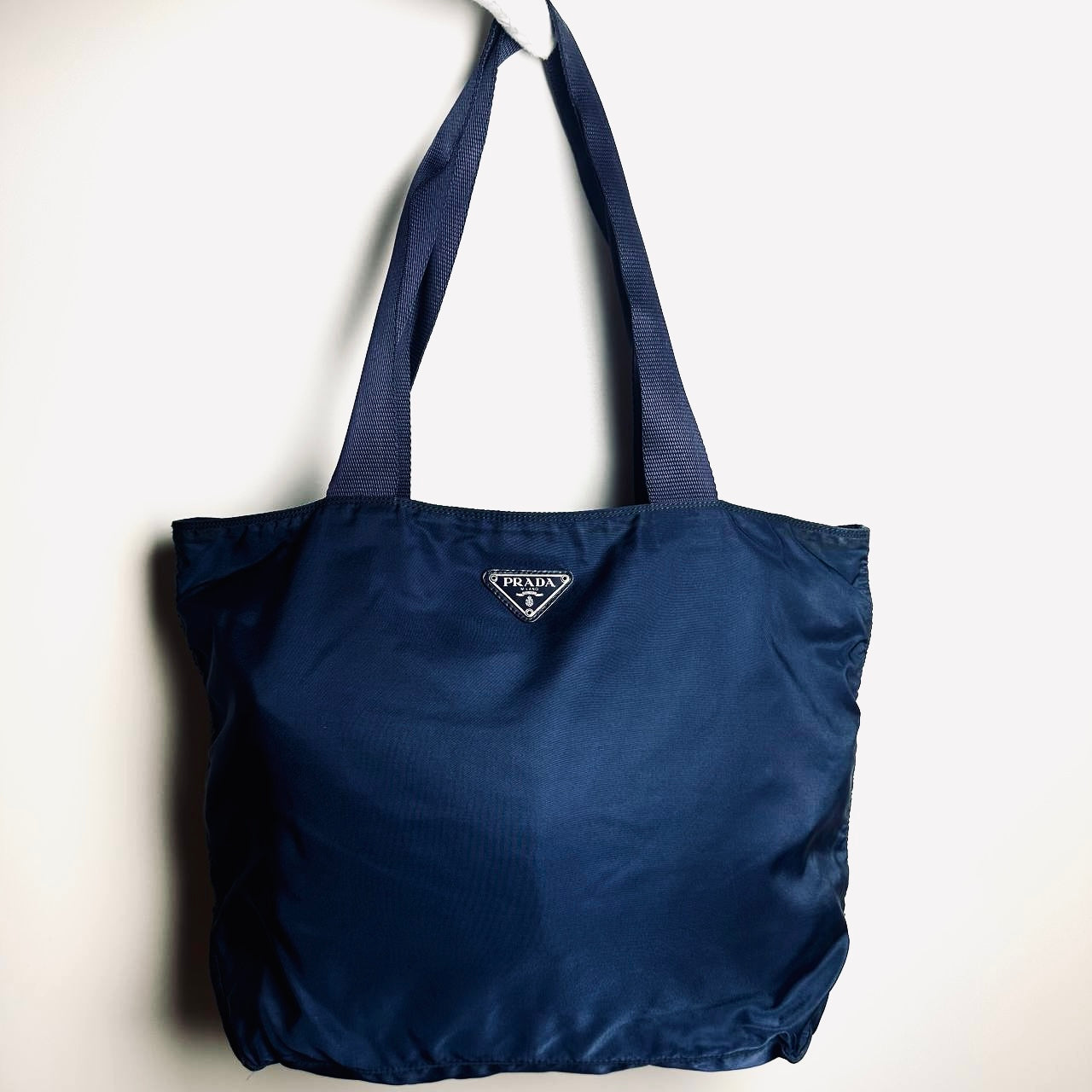 Prada Navy Blue Tessuto Monogram Logo Shopper Nylon Shoulder Tote Bag