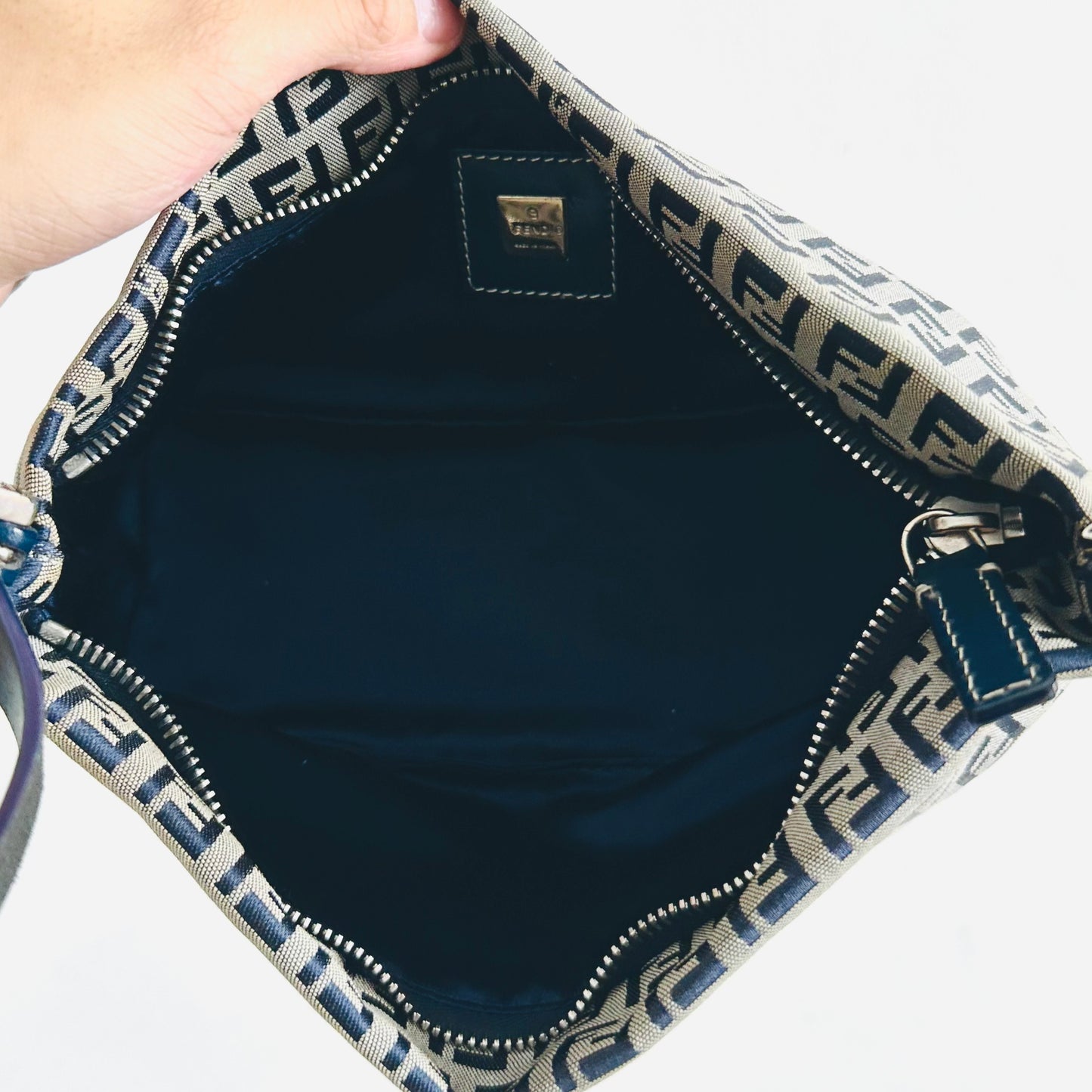 Fendi FF Zucca Navy Blue Monogram Logo Zip Baguette Hobo Mamma Pochette Shoulder Bag