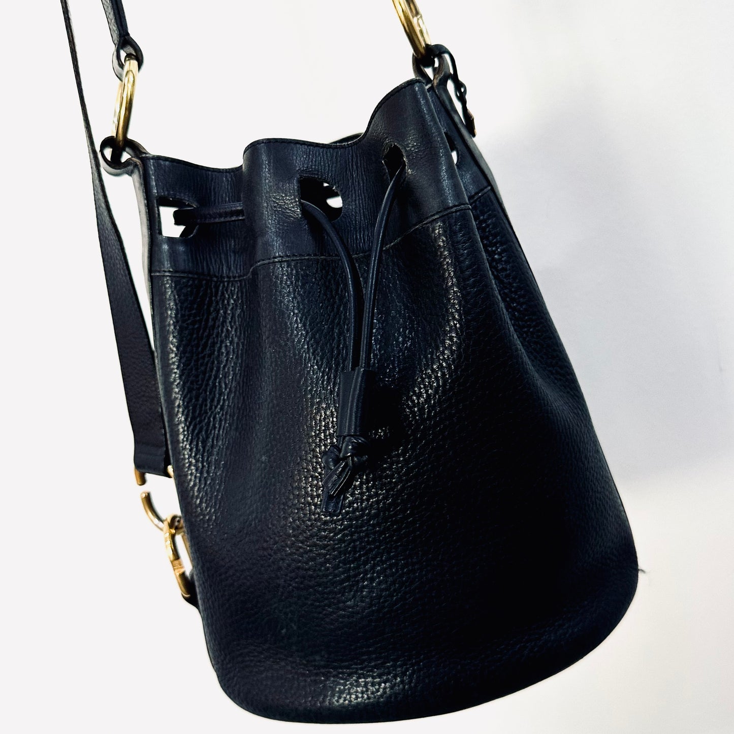 Delvaux Black GHW Monogram Logo Pebbled Leather Bucket Drawstring Shoulder Sling Vintage Bag