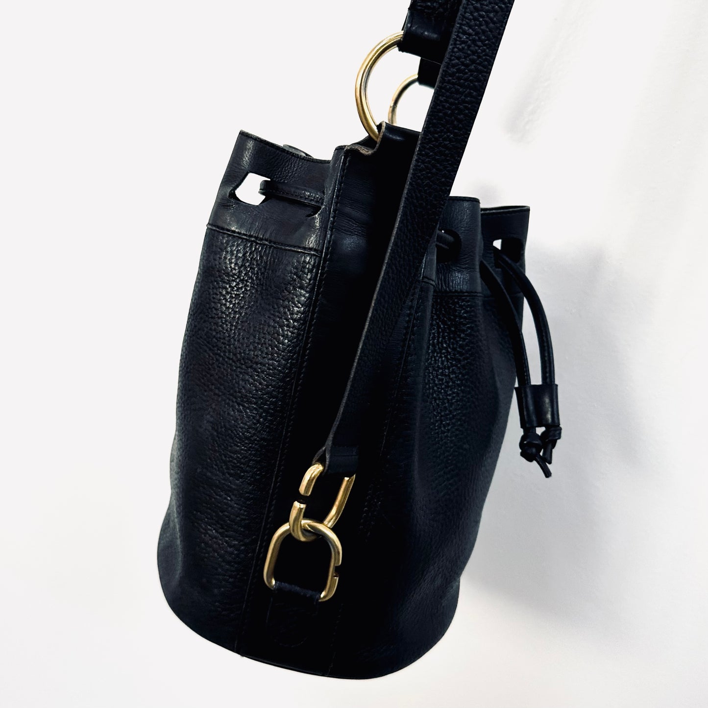 Delvaux Black GHW Monogram Logo Pebbled Leather Bucket Drawstring Shoulder Sling Vintage Bag