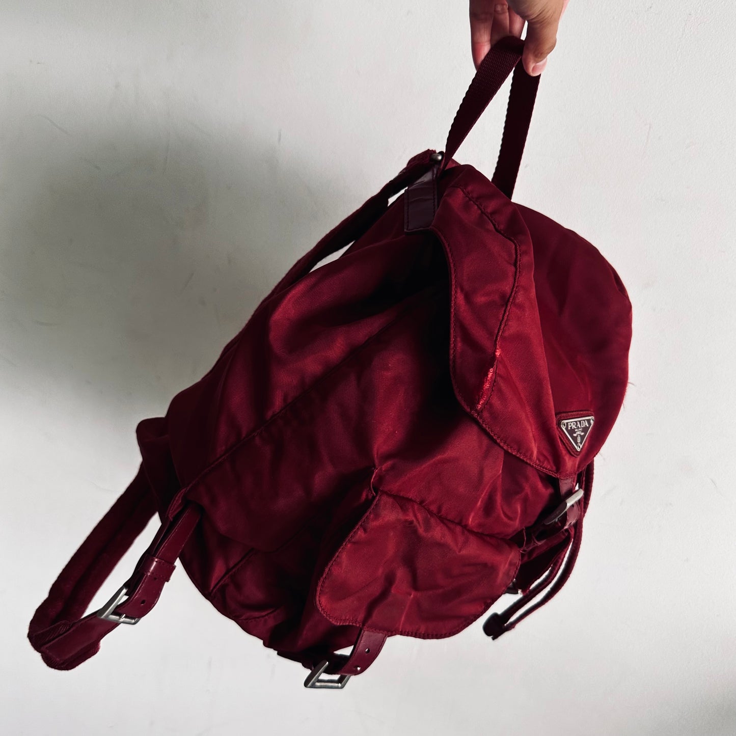 Prada Dark Red Tessuto Monogram Logo Nylon & Leather Flap Backpack Drawstring Bag