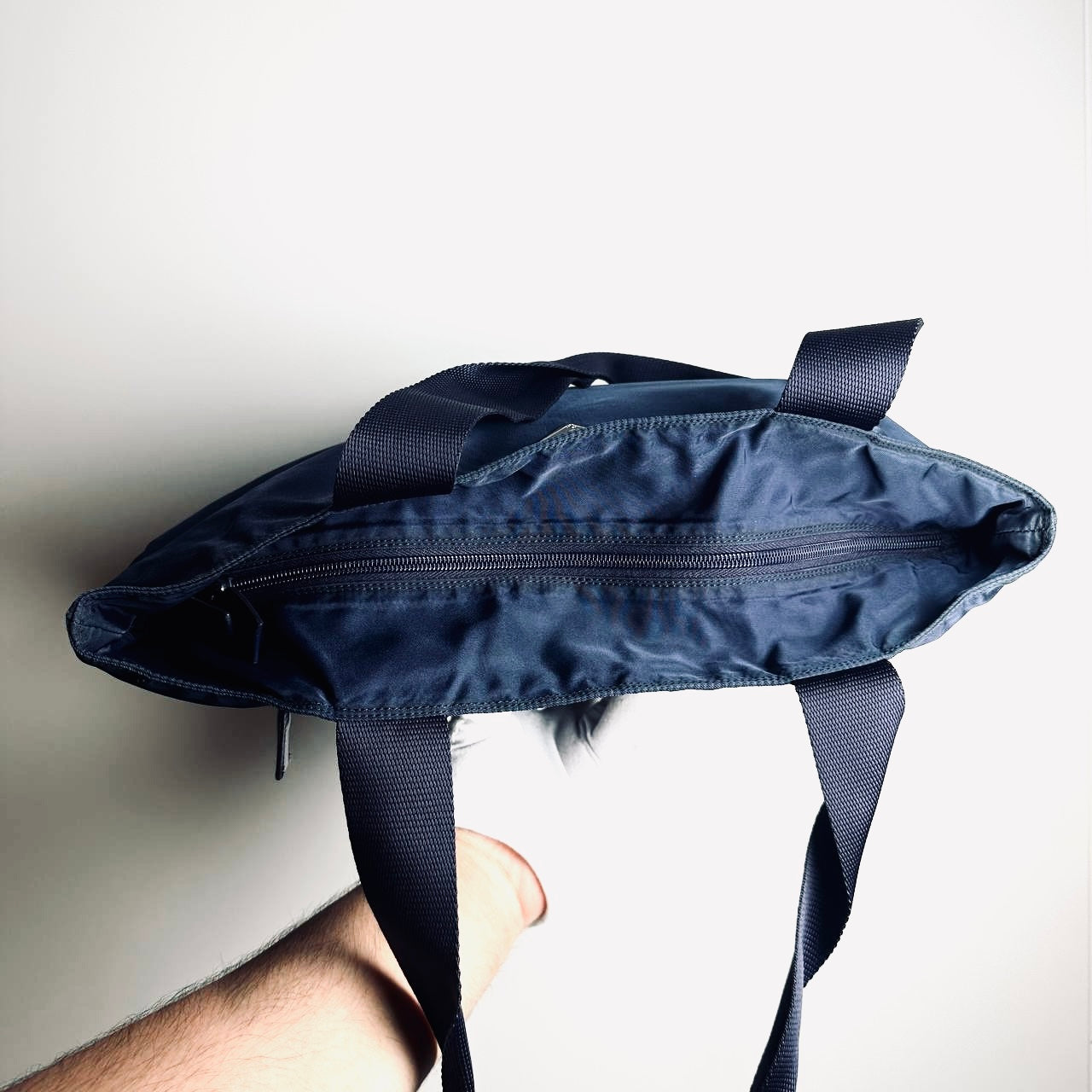 Prada Navy Blue Tessuto Monogram Logo Shopper Nylon Shoulder Tote Bag