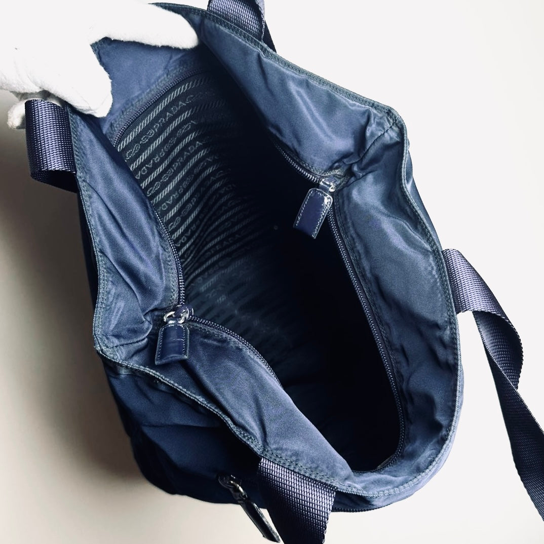 Prada Navy Blue Tessuto Monogram Logo Shopper Nylon Shoulder Tote Bag