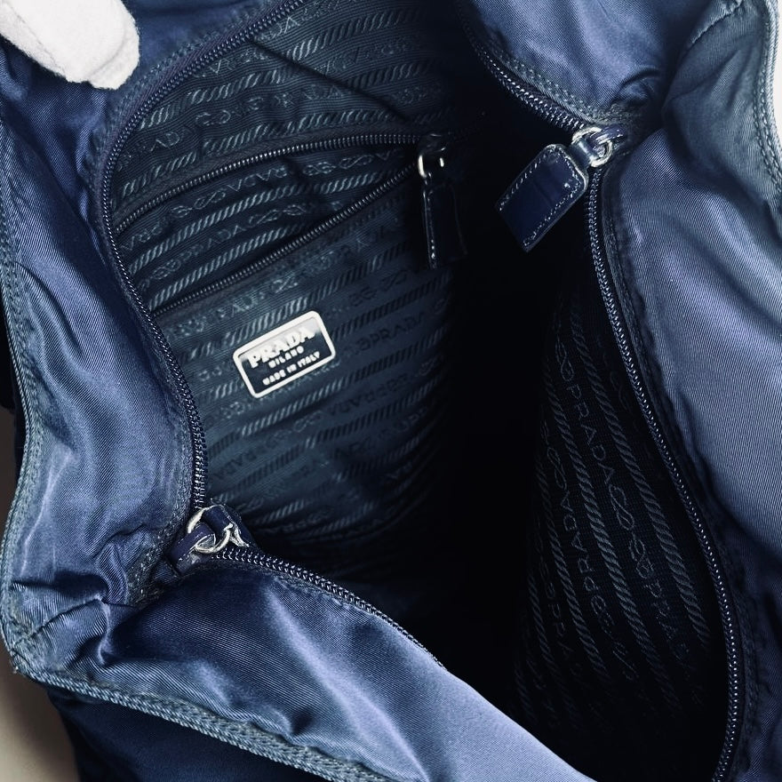 Prada Navy Blue Tessuto Monogram Logo Shopper Nylon Shoulder Tote Bag