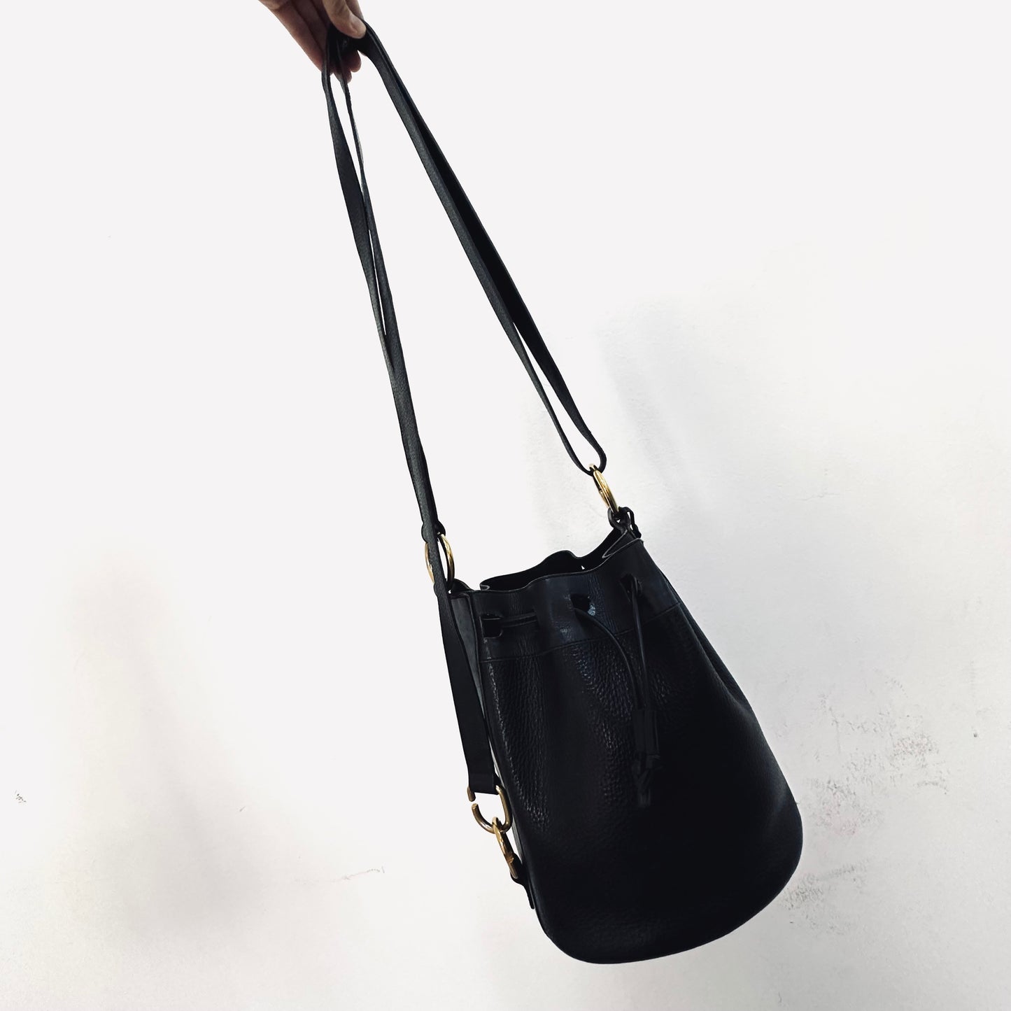 Delvaux Black GHW Monogram Logo Pebbled Leather Bucket Drawstring Shoulder Sling Vintage Bag