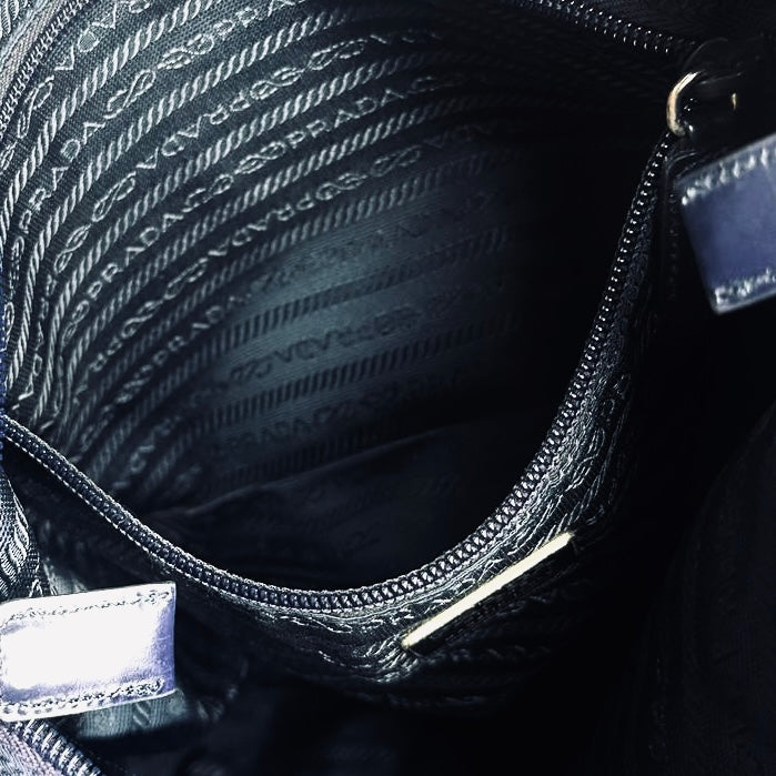 Prada Navy Blue Tessuto Monogram Logo Shopper Nylon Shoulder Tote Bag