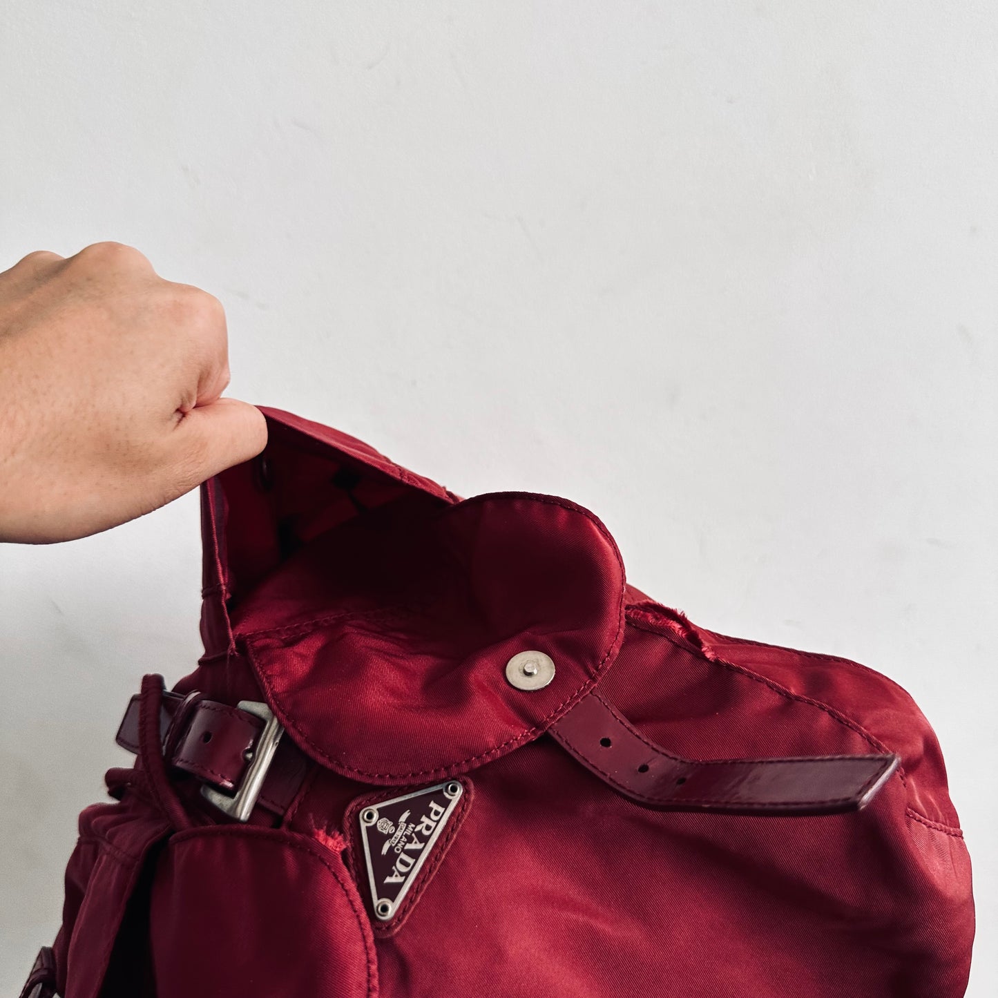 Prada Dark Red Tessuto Monogram Logo Nylon & Leather Flap Backpack Drawstring Bag