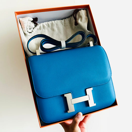 Hermes Constance 24 Blue Bleu Zanzibar In Evercolor Leather Palladium Hardware 2-Way Shoulder Sling Flap Bag