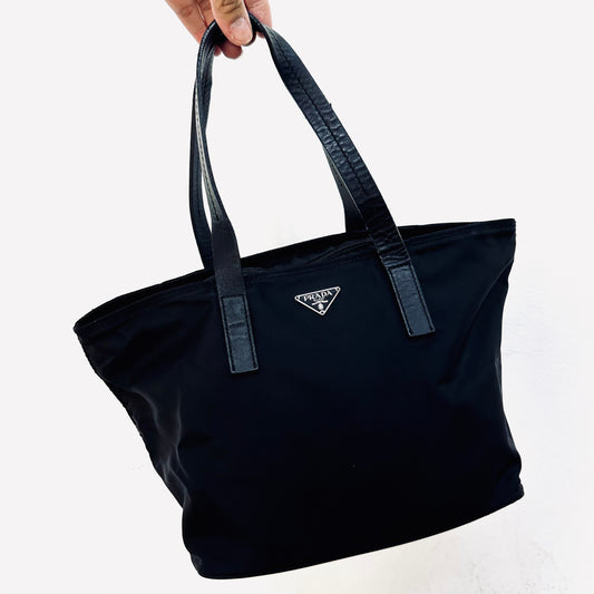 Prada Black Classic Tessuto Bucket Monogram Logo Nylon Shopper Shoulder Tote Bag