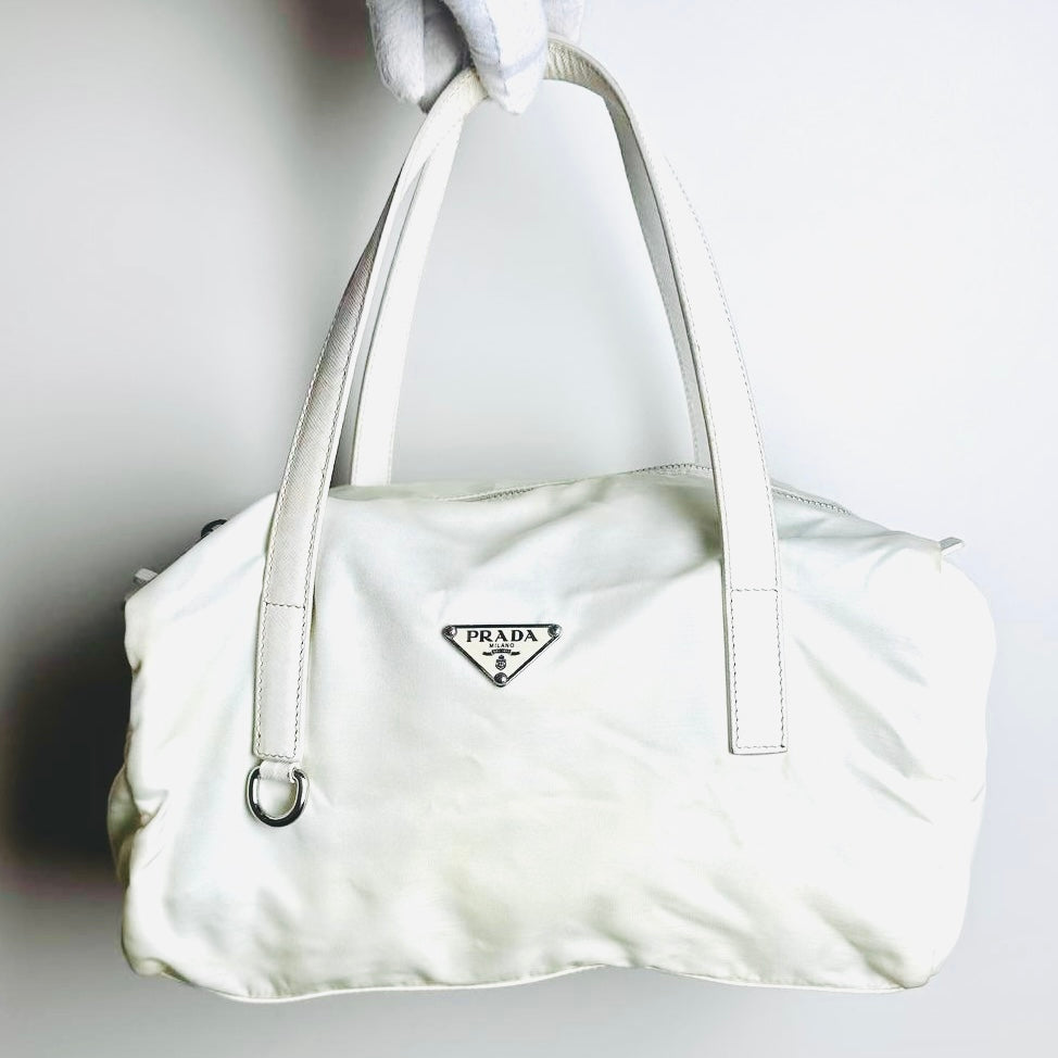 Prada White Tessuto / Leather Monogram Logo Nylon Shopper Shoulder Boston Tote Bag
