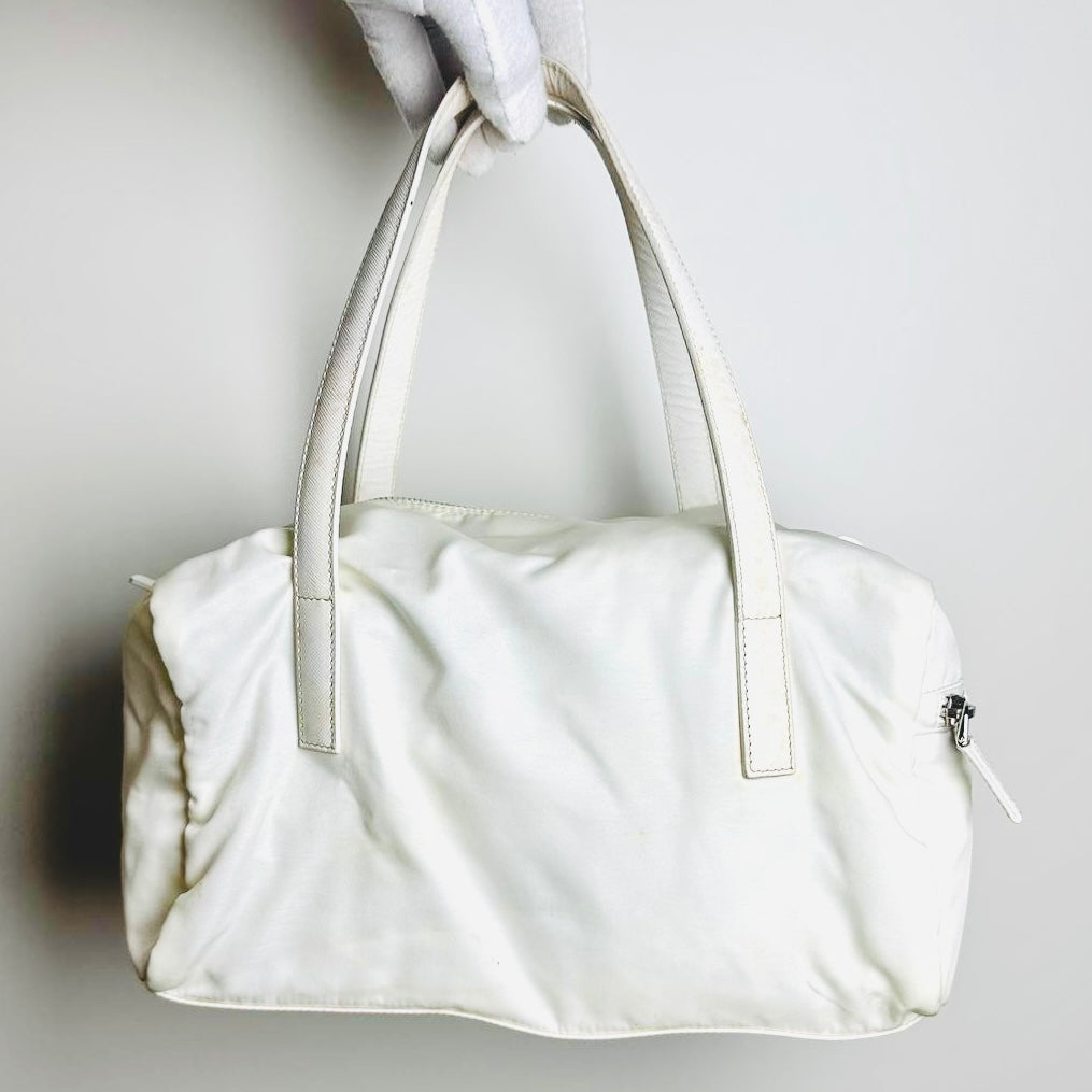 Prada White Tessuto / Leather Monogram Logo Nylon Shopper Shoulder Boston Tote Bag