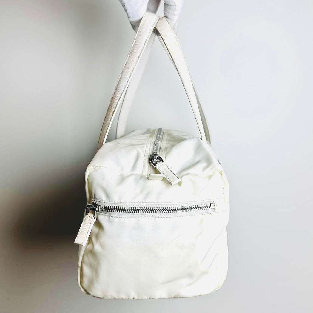 Prada White Tessuto / Leather Monogram Logo Nylon Shopper Shoulder Boston Tote Bag
