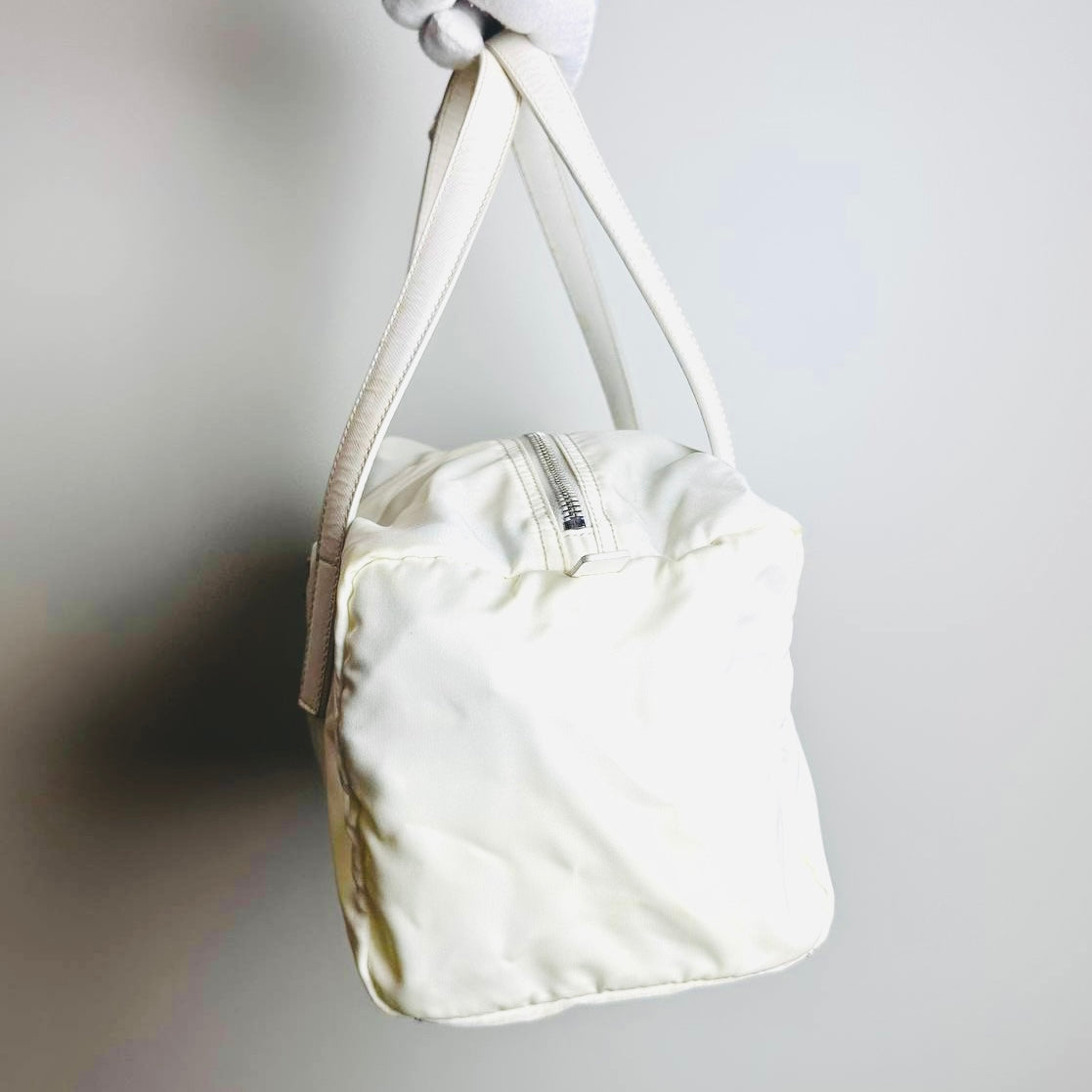 Prada White Tessuto / Leather Monogram Logo Nylon Shopper Shoulder Boston Tote Bag