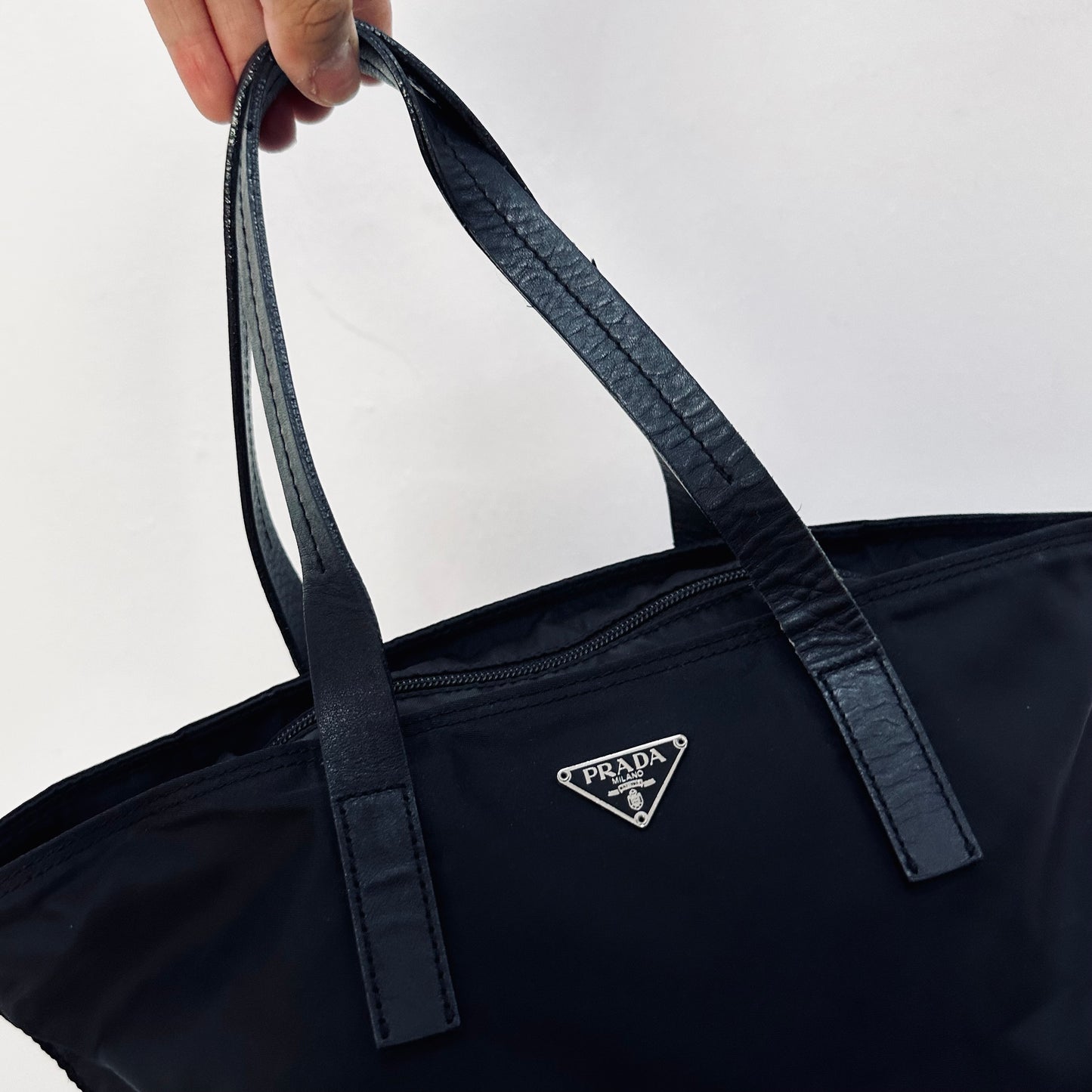 Prada Black Classic Tessuto Bucket Monogram Logo Nylon Shopper Shoulder Tote Bag