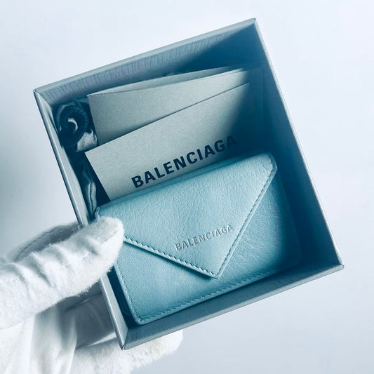 Balenciaga Blue Leather Papier Classic Motif Monogram Logo Flap Trifold Compact Wallet